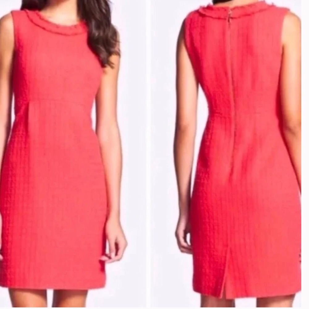 Kate Spade sheath dress coral orange Terri  tweed fringe trim neck sleev…